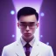 Placeholder: man, cute face, white highlight hair, brown eye, white, skin, purple suits, futuristic, science, purple, blue, dark pink background lighting, technology, profile, asian boy, square face, orange backlight