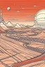 Placeholder: thine line draw style, show a shot of a view of Mars surface with future high rise structures buildings