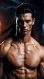 Placeholder: Shirtless Handsome alpha warrior with long dark hair pulled back in a pony tail. headshot. photorealistic. 4k. Dark Fantasy