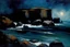 Placeholder: Dark blue sky, rocks, cliffs, 90's sci-fi movies influence, fantasy, mountains, lesser ury and ludwig dettman impressionism paintings