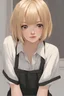 Placeholder: tiny 17 years old girl, bob blonde hair, wear long white male shirt, stand in small flat hall, shy expression on face, high detailed photo, ultra realistic