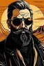 Placeholder: saint gunman with round sunglasses and a black coat and beard in the wild west, grim comic