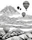 Placeholder: Black and white Coloring picture many ballon-hair flying in the sky on a desert and montains, highly detailed, intricate.
