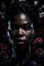Placeholder: front facing portrait, 1 ebony female surrounded by rose flowers, sharp focus, bright lighting, hyper realism, octane render, 8k, hyper detailed, photorealistic, ultra realistic, volumetric lighting, black background