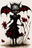 Placeholder: Artist Jean-Baptiste Monge style. A humanoid biomechanical Black bat-flower headed Baby with red eyes and a black and red dress. Modifiers: award winning crisp quality very cute