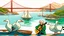 Placeholder: A man with curly white hair plays a guitar sitting in San Francisco on the water Washes the eyes with blue and green Opposite the geese, sail between the boats And the Golden Bridge is as beautiful as in the movie