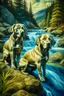 Placeholder: Portrait of 2 labradors by Van Gogh, the scenery is in a fantasy forest with a waterfall coming down from a high mountain