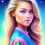 Placeholder:  beautiful girl, smiling, longsand blonds hairs,blue eyes , realistic, pink turquoise light and stars