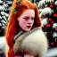 Placeholder: young Deborah Ann Woll and teen Robyn Lively, beautiful faces, meticulously detailed red hair; Christmas sleigh, brown horses; forest, snow, ethereal fantasy maximalist matte painting. Hues of Christmas. Hideo Kojima. realistic. Victorian era, snowflakes, holly, pinecones, old fashioned, vintage, antique, beautiful, renaissance, 16k