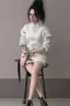 Placeholder: Billie Eilish, sitting on a chair, Black Short Dress, high detail, realistic