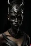 Placeholder: urban fantasy, woman, dark-grey skin color, elf, noble, costume, skull mask on face.