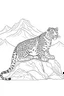 Placeholder: Snow leopard on the high altitude of Himalaya, clean line art, white background, no shadows, well outlined, for kids coloring book, cartoon style.