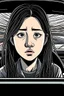 Placeholder: A Chinese person, girl, 18 years old, delicate features, pretty, serious expression, ((((( sitting in a car )))), background car, front view, close focus, horror scene, eerie, dim, 8K, graphic novel sketch, graphic novel style, 2D effect, flat colors, gloomy drawing style