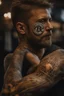 Placeholder: close view of a man's arm that has just been tattood by a branding iron, the branding tool just lifted up from the skin and the tattoo is hot and still smoking from the heat, the tattoo is a Bitcoin symbol. Hyper realistic, 8k, realistic