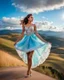 Placeholder: full-body closeup shot of a young, beautiful girl with a perfect face and makeup,wearing pretty dance dress standing in a stage in open air nice hills , blue sky ,pretty clouds at distant