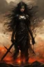 Placeholder: A formidable warrior girl in black armor, against monster, against the background of an amazing gloomy landscape flooded with sunset, mountains, trees, a fabulous scary hero, juicy emotions, painting, gloomy fantasy, gloomy day, dark world, portrait, oil and graphite, wide strokes, a weaving frame around, by Ryohei Hase, Agnes Cecile, Raymond Swanland, Anne Bachelier