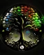 Placeholder: The tree of life consists of four seasons: spring, summer, autumn, winter, light, time, darkness, star, moon, sun, yang-ying, water, wind, soil, fire, love, blue magic mushroom, and lion symbol.