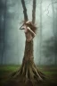 Placeholder: Oak tree roots holding woman inside, misty sunny day