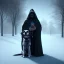 Placeholder: sad, miserable dog chained to post outside of house, shadowy robed figure standing nearby, family home, dog, winter, dark figure, 8k resolution, high-quality, fine-detail, iridescent, intricate, digital art, detailed matte, volumetric lighting, illustration, 3D octane render, brian froud, howard lyon, selina french, anna dittmann, annie stokes, lisa parker, greg rutowski,