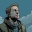 Placeholder: man, ethan hawk, looking at the sky, looking serious, comic book, post-apocalypse, grey background, illustration,