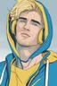 Placeholder: Blonde haired man, yellow hoodie, vibrant blue eyes, animated style