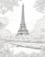 Placeholder: a coloring page, depicting the Eiffel tower in France, with beautiful scenery, full page, black and white, line art, outline, highly defined, coloring book style