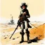 Placeholder: [art by Ralph Steadman] she smiles, ready to fight, in dust, rust and blood, her body is covered with cartridge belts, her boots are made for walking on the dunes of Tatooine