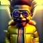 Placeholder: Bart Simpson toddler, steampunk headphone, sunglass, gangsta neckless, full body, yellow puffer jacket, tokio background, dramatic lighting, hyper realistic, unreal engine 5, 16k