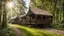 Placeholder: group of Large Gothic Two-story, wooden gipsy caravan on a pathway in a woodland clearing