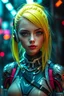 Placeholder: a pretty cyberpunk girl, cyborg, bright hair, young, futuristic, dystopia