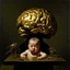 Placeholder: a huge golden brain supported by very small beautiful Asian female human bodies, complex surgical instruments mix a newborn boy between light and shadow, surrealism, symbolism, minimalism, sculpture by Adrian Ghenie, Lucian Freud, Rene Magritte, Salvador Dali