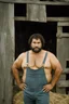 Placeholder: 1970's half figure photography of a burly overweight muscular brazilian farmer 39 years old, sweat, short curly hair, short beard, manly chest, tattoo, hand on the fap, shirtless with dirty overalls, on the door of a large barn, under the sun