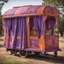 Placeholder: Old fashioned purple, orange and pink gypsy wagon decorated, curtains fluttering in the wind