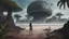 Placeholder: detailed matte painting of a wide-angle shot of a woman standing on the right-hand side of an alien beach, with dark hair in a silver robotic catsuit, many floating mushroom with jellyfish tentacles, alien jungle trees in the distance, deep colour