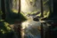 Placeholder: Create a hyper-realistic oil painting of a forest river scene with sunlight streaming through the trees