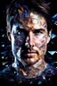 Placeholder: Tom Cruise facial portrait - pitch-black background with a blue glowing overhead spotlight effect, multicolored shards of broken glass, prism effect, mosaic effect, time travel, space voyages, superheroes, moving really fast