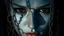Placeholder: close up pale blue-white face with black-dark gold eyes with black shadow cold void gaze, detail face, floats in deep darkness, deep blue abyss, vertical shadows of five chains projected on her face, crepy stunning, surreal vibe with meticulous textures, dark shadows