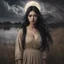 Placeholder: Hyper Realistic Close-up-view of Young-Sad-Pashto Woman with beautiful-black-eyes & long-black-hair wearing beige-dress on riverside & long-grass at full-moon-dark-windy-night-&-Clouds with dry-trees-around & dramatic ambiance