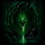 Placeholder: the chasm of the underworld in the gothic style in dark green with a demon lurking