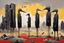 Placeholder: long-legged surreal lean black-grey figures with beak-shaped heads in overcoat, profile, semi-silhouettes among ramshackle ruins in a barren landscape of red, yellow, black and beige colors, intricate acrylic painting