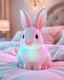 Placeholder: Generate image: A macro 3D render of a cute, lovely wooly rabit,made of Translucent glossy jelly material, soft gelatinous appearance, smooth rounded surface, realistic subsurface scattering, internal light diffusion, subtle volumetric translucency, wet polished highlights, slightly reflective surface, soft rubbery-plastic texture, vibrant neon color, physically based shader, studio lighting, high-end CGI render.on a conform in a luxury bedroom.