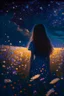 Placeholder: girl standing from behind, night, stars, beautiful painting, field, beautiful girl, dream, summer, shining stars, beautiful flowers, 8k