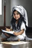 Placeholder: a little girl sitting on the floor holding a tablet, wearing a head scarf, shakira, white bangs, document photo, photo still of, paint, wet drapery, unmasked, diary on her hand, 2 8 years old, focus close on mischievous eyes, hand - drawn animation, with long black hair, portrait of dangerous