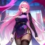 Placeholder: Clear focus, 8k, beautiful lighting, vibrant colors, girl, pink hair, long hair, vibrant purple eyes, black stockings, chinese clothes,