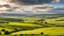 Placeholder: View across the valley in the Yorkshire Dales with beautiful clouds, late afternoon sunshine, stone walls enclosing the fields, gentle hills and valleys, river, calm, peaceful, tranquil, beautiful composition