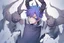 Placeholder: anime man with horns, fangs, messy purple hair and blue eyes