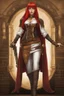 Placeholder: full body and headshot of a skinny Cleopatra, with long straight red hair, dressed as an assassin standing in a steampunk setting.