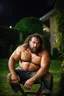 Placeholder: half figure shot photography of a burly strong stocky chubby muscular built short gipsy shirtless homeless hairy man 31 years old in opened broken shorts, manly chest, curly beard, dreadlocks,ajar mouth, sweat, wet, angry, sitting on a chair on the meadow, in a private elegant garden of a villa, raining nighttime, big shoulders, ambient occlusion, photorealistic, frontal view from the ground, dim light from little bulbs