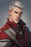 Placeholder: {{Man}}, Male, Olive Skin Tone, Short Hair, Silver Hair, Adult, Alan Ritchson/Jack Reacher, {{Blue Eyes}}, Black/red Medieval Attire, Digital Art, Graphic Novel Style