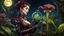 Placeholder: a dazzling attractive female with a (prosthetic arm:1.5) and wearing steampunk clothes (feeding:1.5) her (carnivorous pitcher plant1.5) in a moonlit garden, ultra high detail, oil painting, intricate detail, 8k resolution, trending on Artstation, sharp focus, triadic colors, deep color, vibrant, back lit, masterpiece